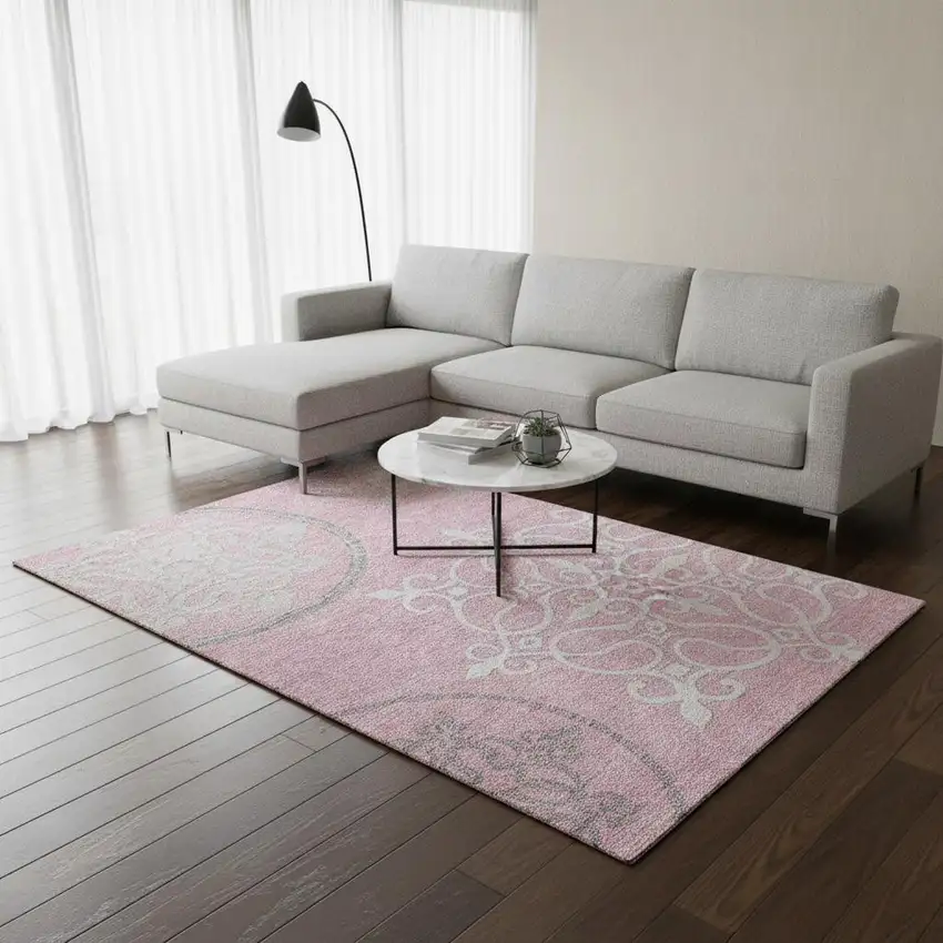 Pink Ivory And Gray Floral Medallion Washable Area Rug With UV Protection Photo 2