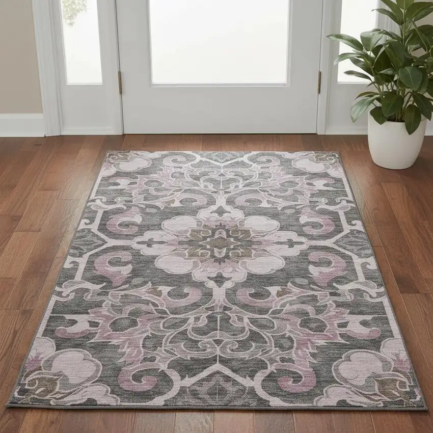 Pink Ivory And Gray Floral Medallion Washable Area Rug With UV Protection Photo 2
