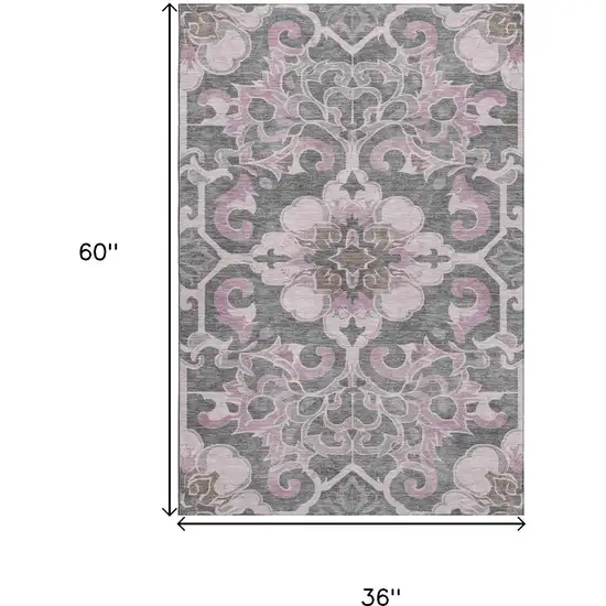 Pink Ivory And Gray Floral Medallion Washable Area Rug With UV Protection Photo 9