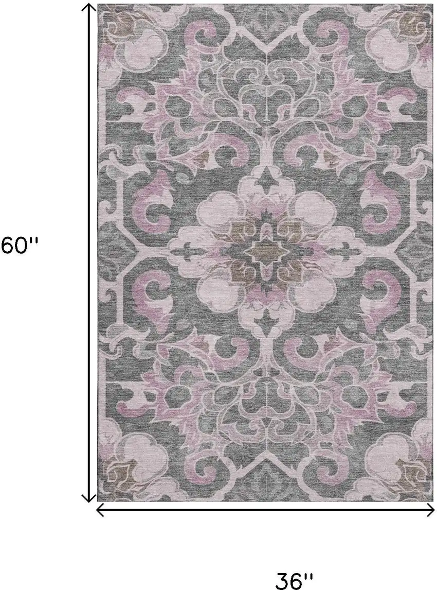 Pink Ivory And Gray Floral Medallion Washable Area Rug With UV Protection Photo 9