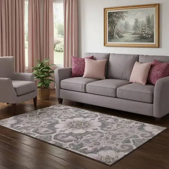 Pink Ivory And Gray Floral Medallion Washable Area Rug With UV Protection Photo 2