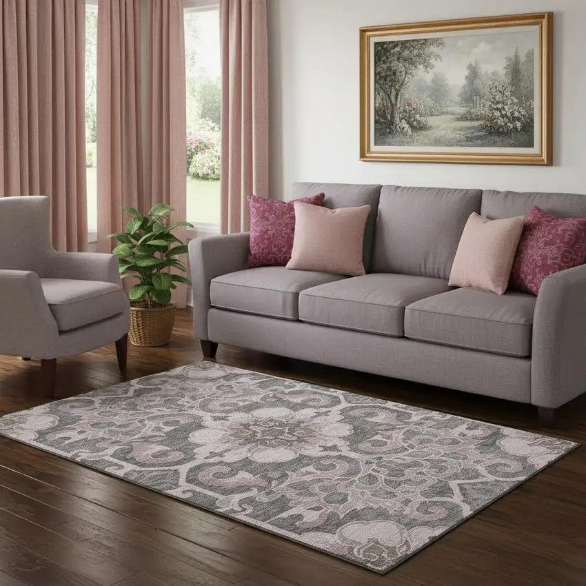 Pink Ivory And Gray Floral Medallion Washable Area Rug With UV Protection Photo 2