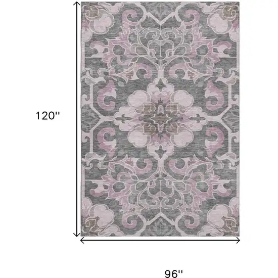 Pink Ivory And Gray Floral Medallion Washable Area Rug With UV Protection Photo 9