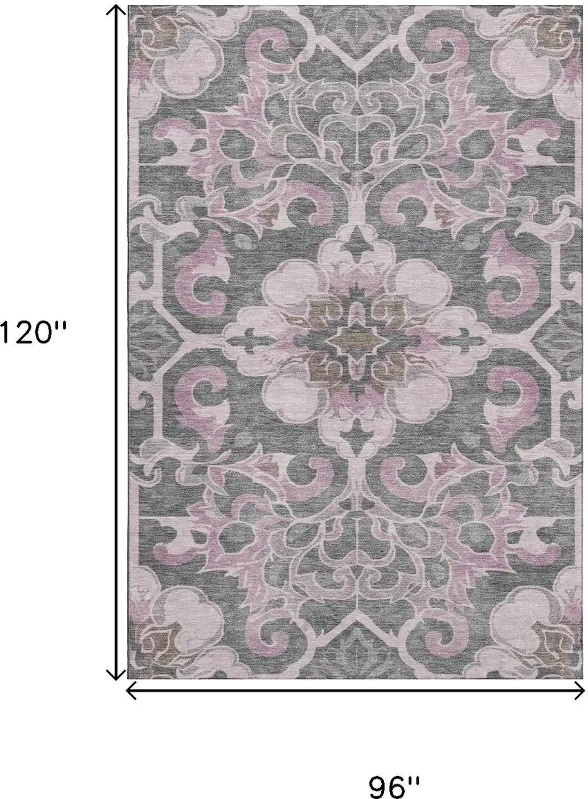 Pink Ivory And Gray Floral Medallion Washable Area Rug With UV Protection Photo 9