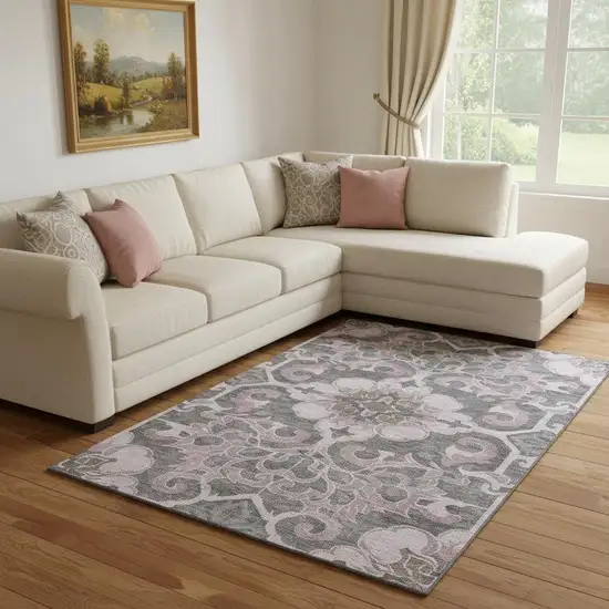 Pink Ivory And Gray Floral Medallion Washable Area Rug With UV Protection Photo 2