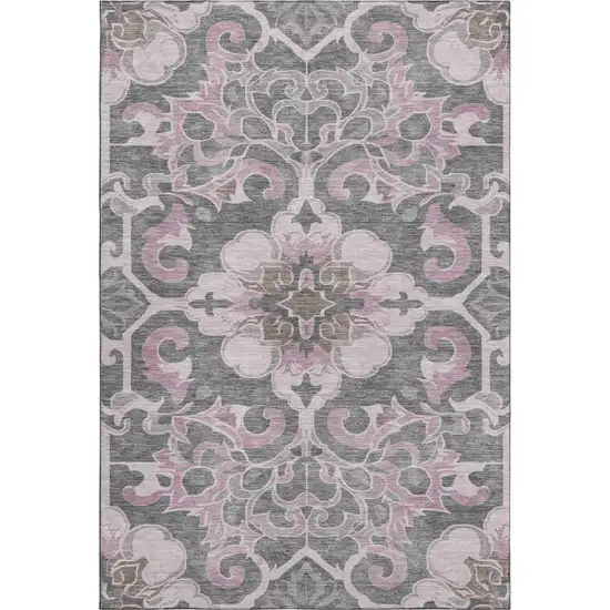 Pink Ivory And Gray Floral Medallion Washable Area Rug With UV Protection Photo 1
