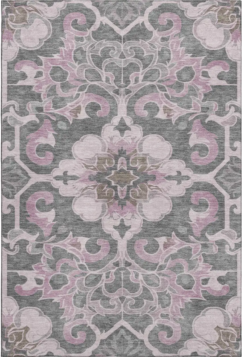 Pink Ivory And Gray Floral Medallion Washable Area Rug With UV Protection Photo 1