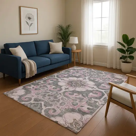 Pink Ivory And Gray Floral Medallion Washable Area Rug With UV Protection Photo 5