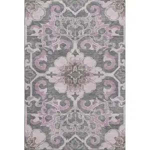 Photo of Pink Ivory And Gray Floral Medallion Washable Area Rug With UV Protection