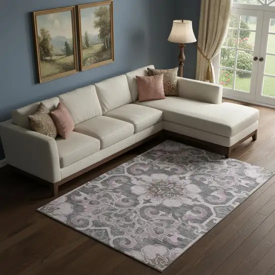 Pink Ivory And Gray Floral Medallion Washable Area Rug With UV Protection Photo 2