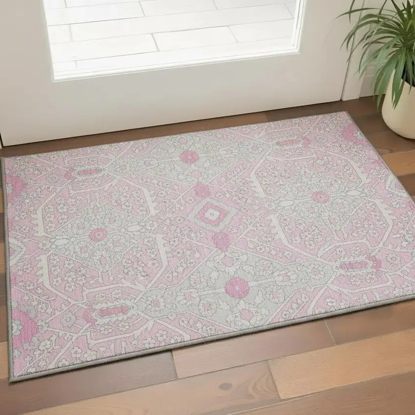 Pink Ivory And Gray Floral Washable Area Rug With UV Protection Photo 1