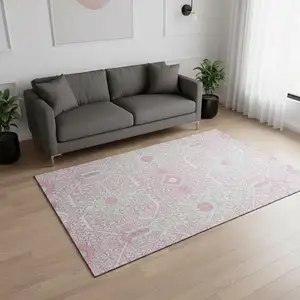 Photo of Pink Ivory And Gray Floral Washable Area Rug With UV Protection