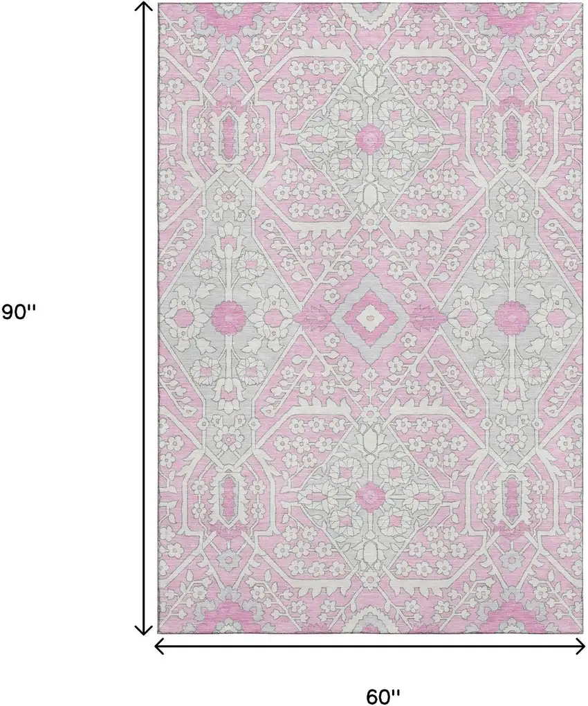 Pink Ivory And Gray Floral Washable Area Rug With UV Protection Photo 3