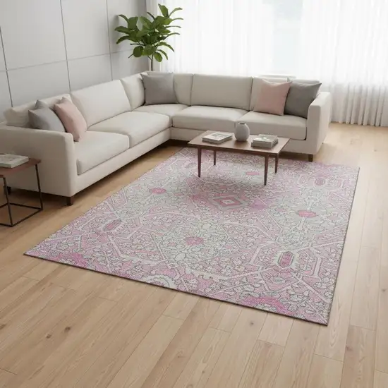 Pink Ivory And Gray Floral Washable Area Rug With UV Protection Photo 1