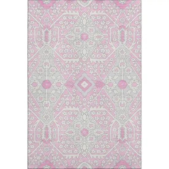 Pink Ivory And Gray Floral Washable Area Rug With UV Protection Photo 2