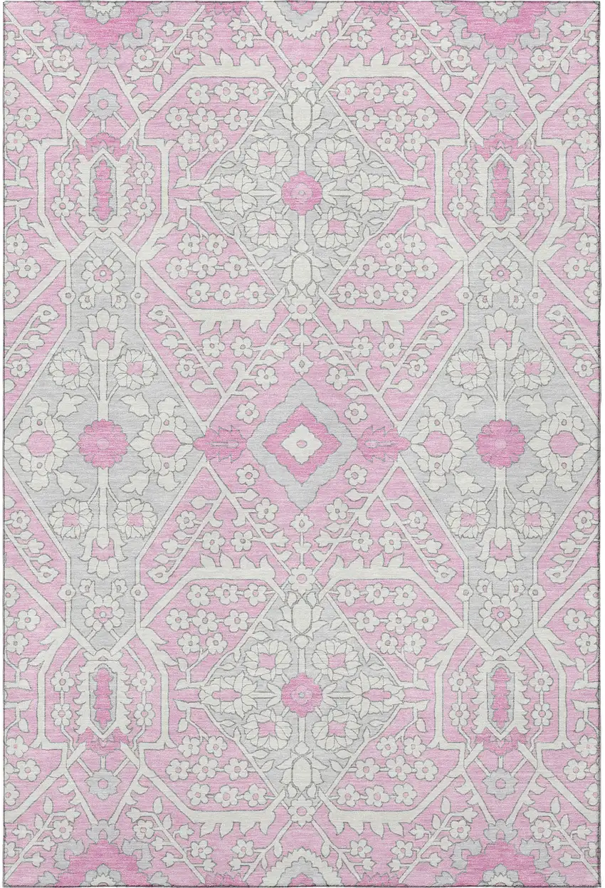 Pink Ivory And Gray Floral Washable Area Rug With UV Protection Photo 5
