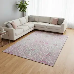 Photo of Pink Ivory And Gray Floral Washable Area Rug With UV Protection