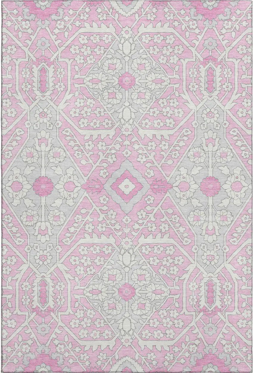 Pink Ivory And Gray Floral Washable Area Rug With UV Protection Photo 2