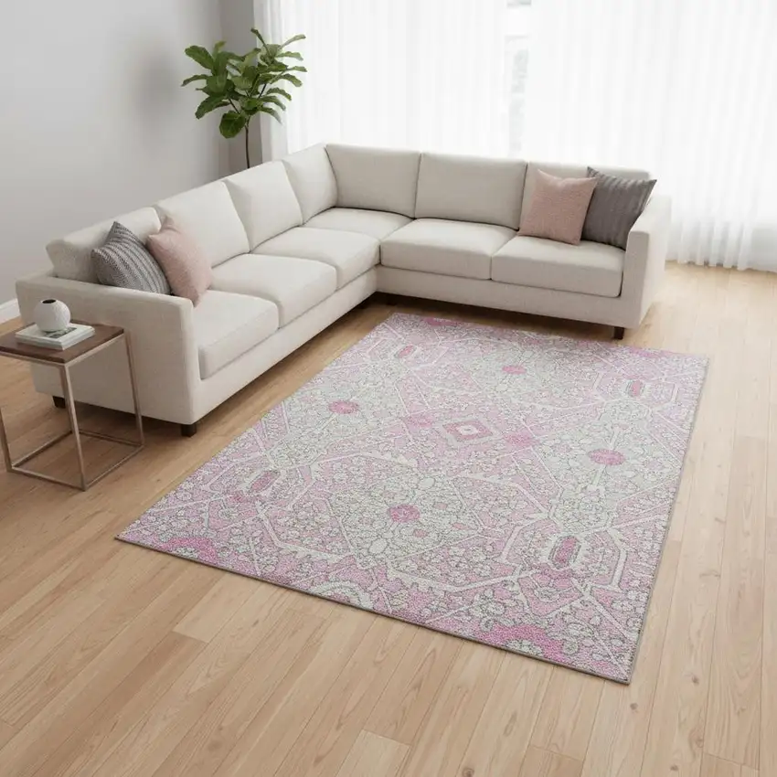 Pink Ivory And Gray Floral Washable Area Rug With UV Protection Photo 1