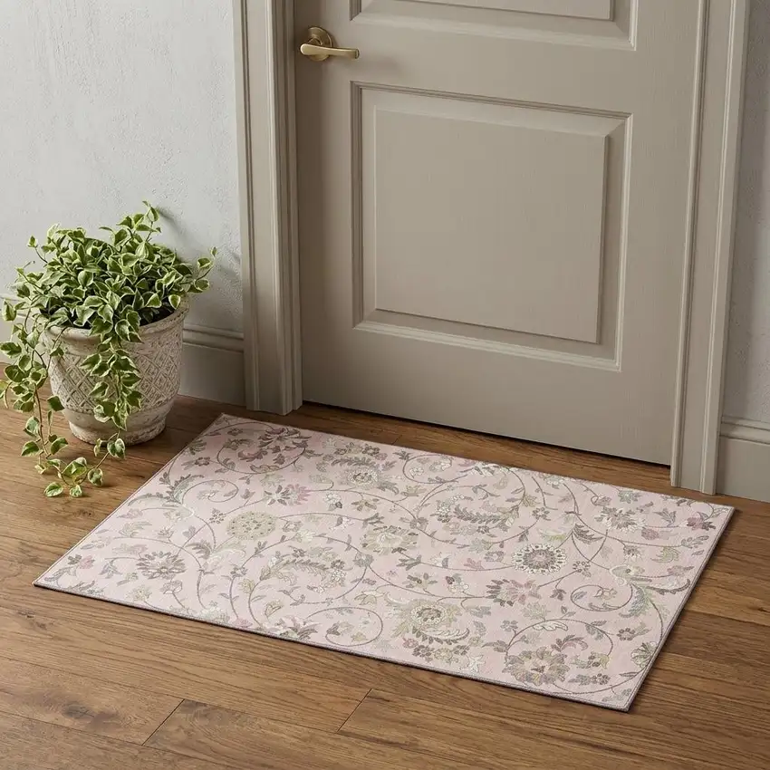 Pink Ivory And Gray Floral Washable Area Rug With UV Protection Photo 1