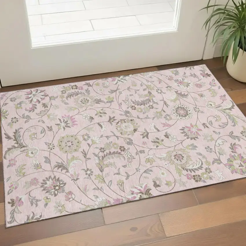 Pink Ivory And Gray Floral Washable Area Rug With UV Protection Photo 1