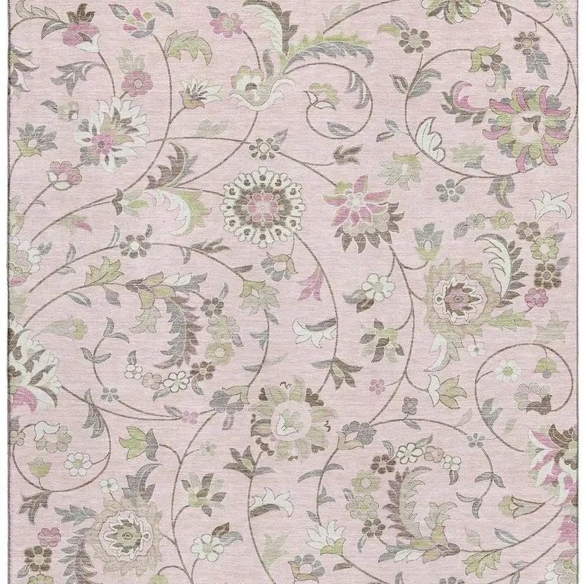 Pink Ivory And Gray Floral Washable Area Rug With UV Protection Photo 4