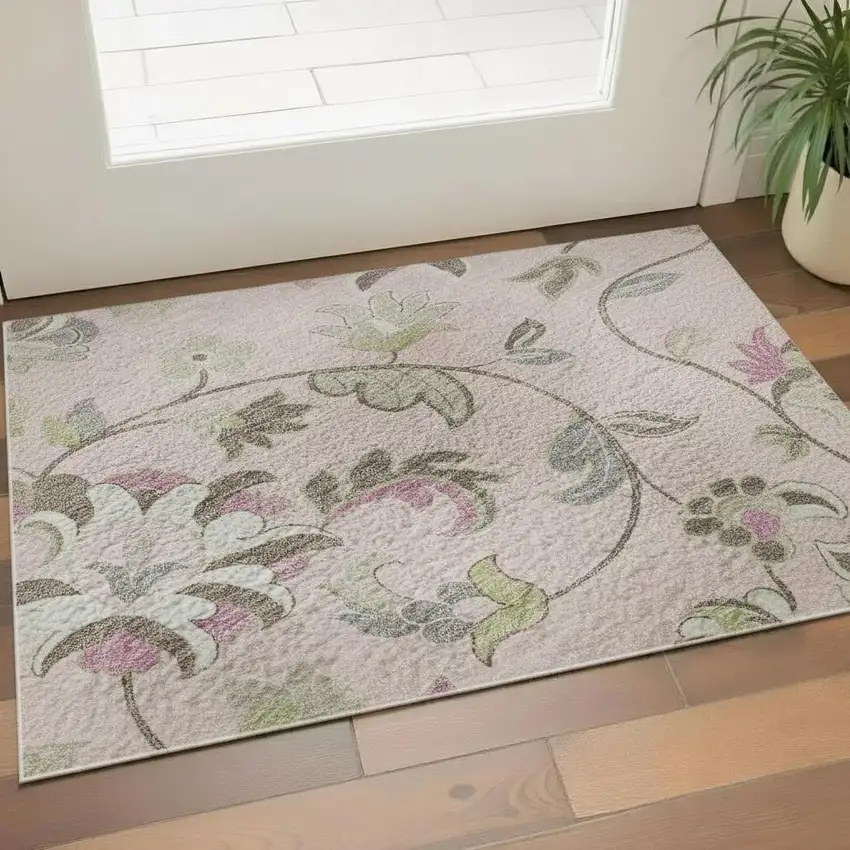 Pink Ivory And Gray Floral Washable Area Rug With UV Protection Photo 2