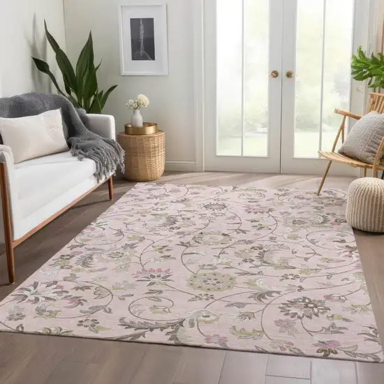 Pink Ivory And Gray Floral Washable Area Rug With UV Protection Photo 5