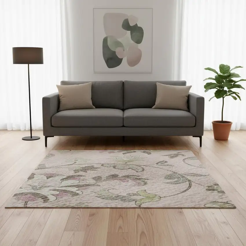 Pink Ivory And Gray Floral Washable Area Rug With UV Protection Photo 2