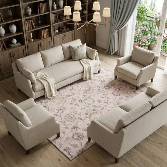 Pink Ivory And Gray Floral Washable Area Rug With UV Protection Photo 1