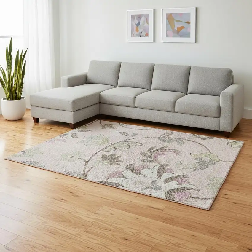 Pink Ivory And Gray Floral Washable Area Rug With UV Protection Photo 2