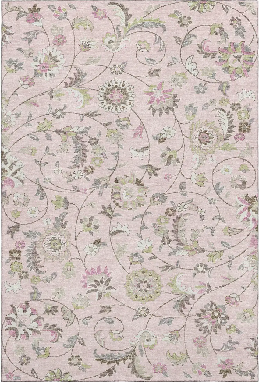 Pink Ivory And Gray Floral Washable Area Rug With UV Protection Photo 5