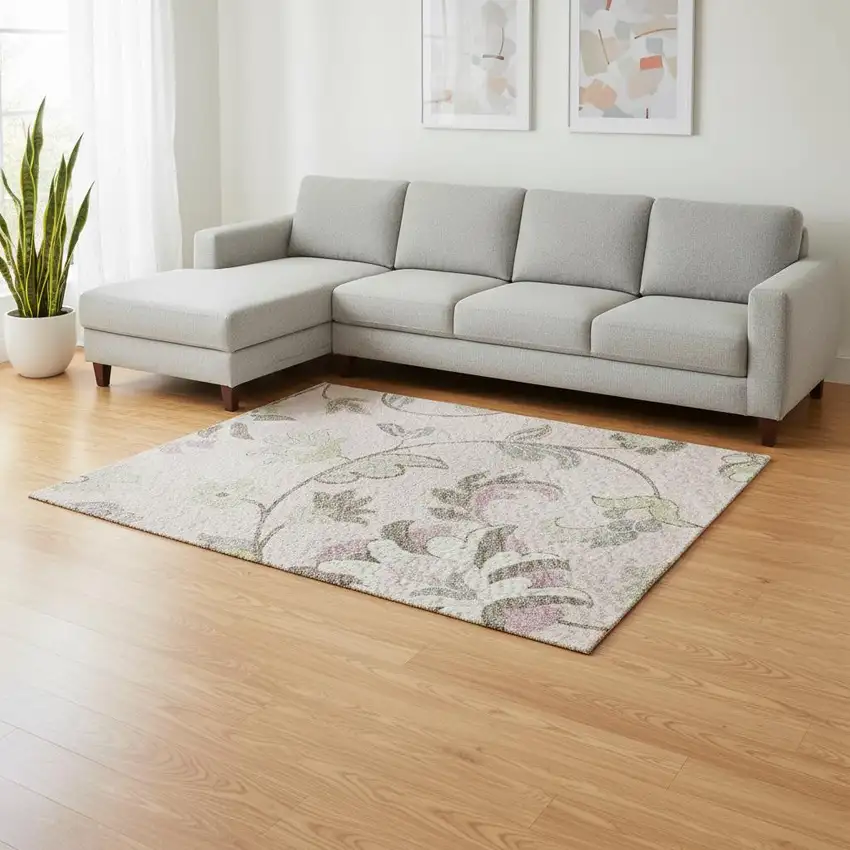 Pink Ivory And Gray Floral Washable Area Rug With UV Protection Photo 2