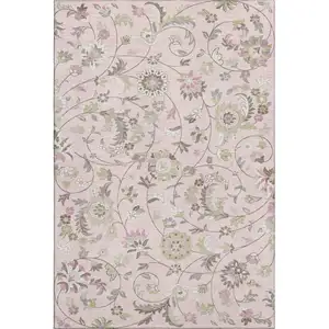 Photo of Pink Ivory And Gray Floral Washable Area Rug With UV Protection
