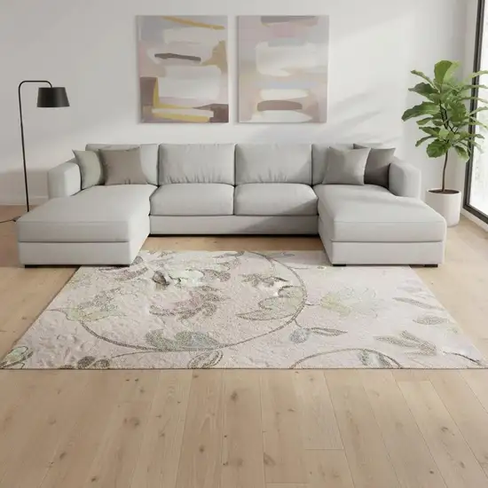 Pink Ivory And Gray Floral Washable Area Rug With UV Protection Photo 2