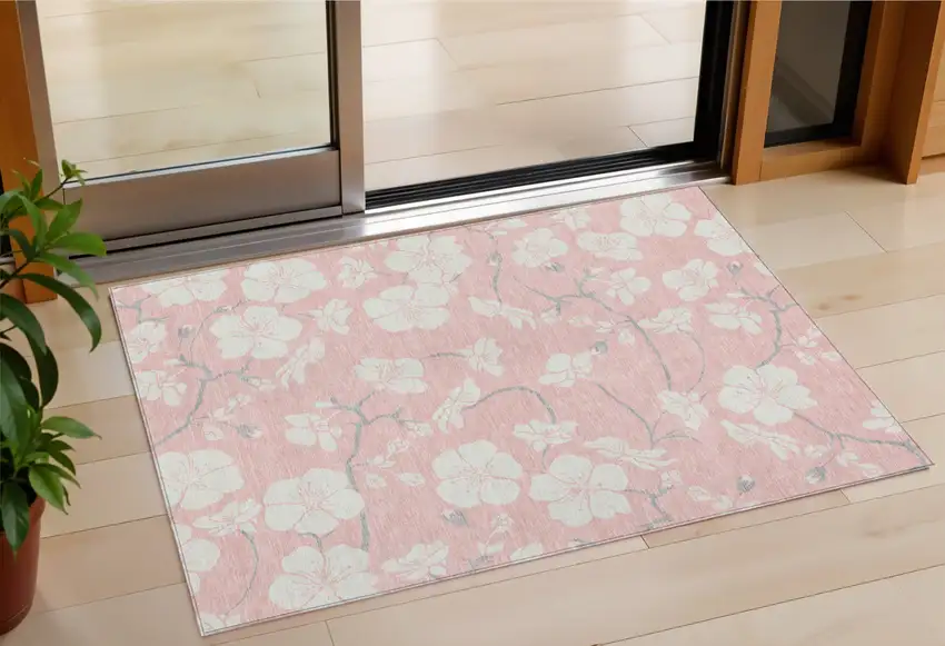 Pink Ivory And Gray Floral Washable Indoor Outdoor Area Rug Photo 1