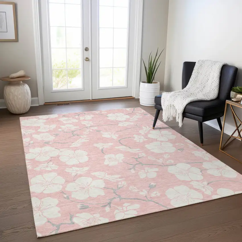 Pink Ivory And Gray Floral Washable Indoor Outdoor Area Rug Photo 9