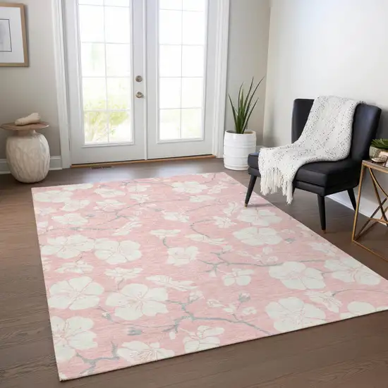 Pink Ivory And Gray Floral Washable Indoor Outdoor Area Rug Photo 9