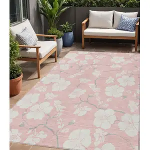 Photo of Pink Ivory And Gray Floral Washable Indoor Outdoor Area Rug