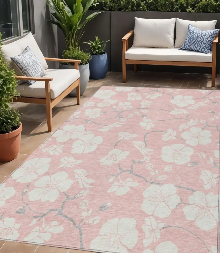 Pink Ivory And Gray Floral Washable Indoor Outdoor Area Rug Photo 1