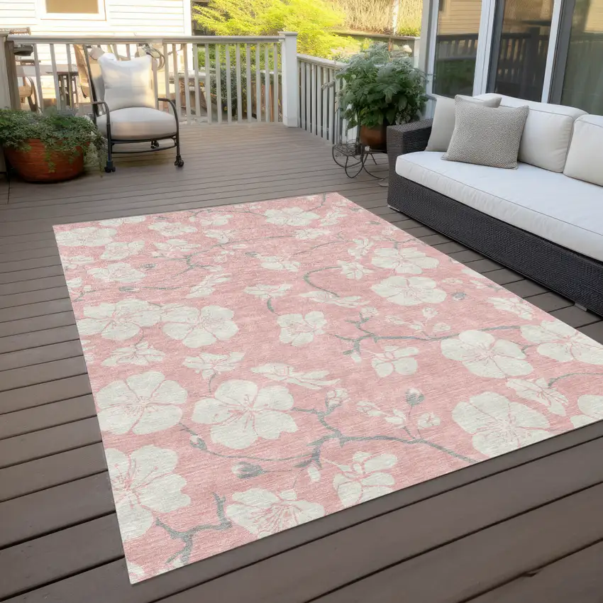 Pink Ivory And Gray Floral Washable Indoor Outdoor Area Rug Photo 9