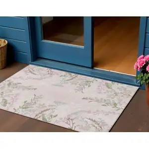 Photo of Pink Ivory And Gray Floral Washable Indoor Outdoor Area Rug