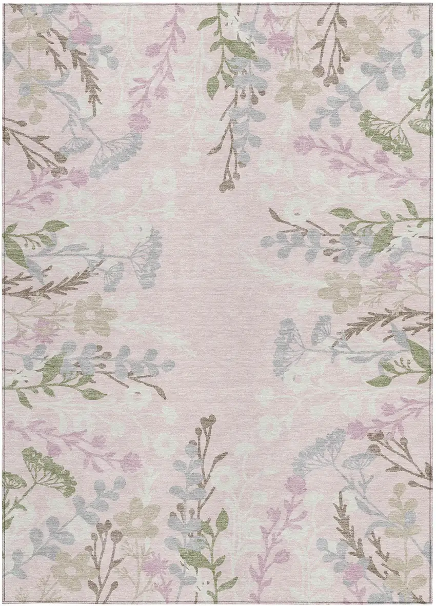 Pink Ivory And Gray Floral Washable Indoor Outdoor Area Rug Photo 4