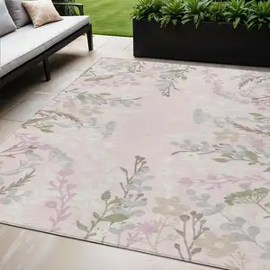 Photo of Pink Ivory And Gray Floral Washable Indoor Outdoor Area Rug