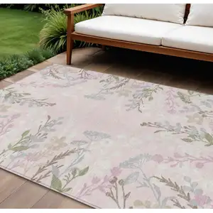 Photo of Pink Ivory And Gray Floral Washable Indoor Outdoor Area Rug