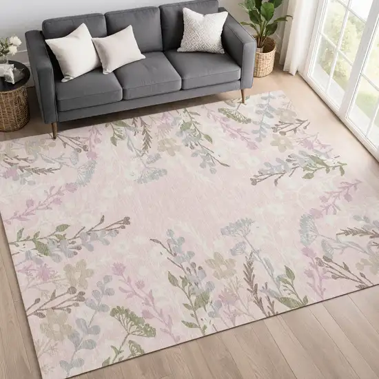 Pink Ivory And Gray Floral Washable Indoor Outdoor Area Rug Photo 9