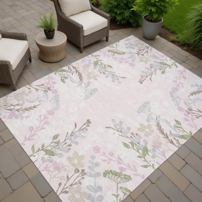 Pink Ivory And Gray Floral Washable Indoor Outdoor Area Rug Photo 8