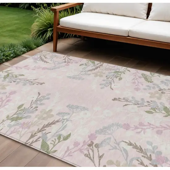 Pink Ivory And Gray Floral Washable Indoor Outdoor Area Rug Photo 1