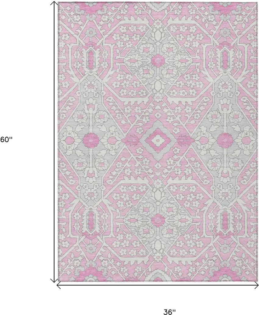Pink Ivory And Gray Floral Washable Indoor Outdoor Area Rug Photo 3