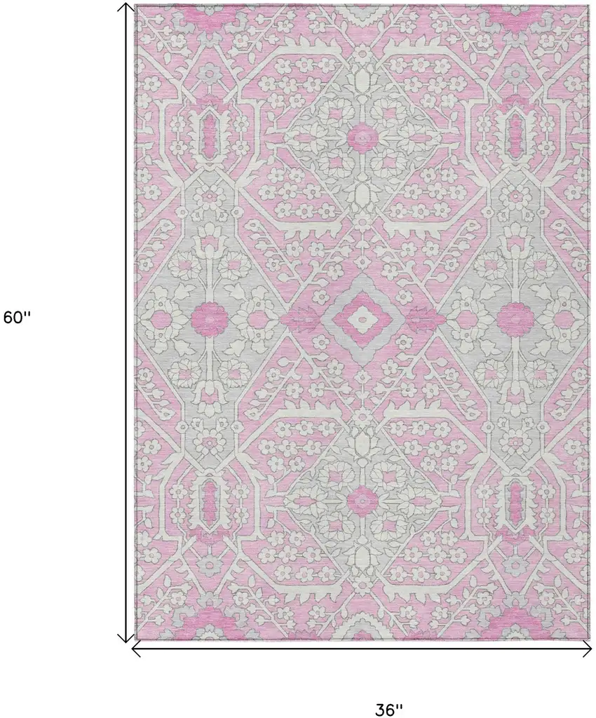 Pink Ivory And Gray Floral Washable Indoor Outdoor Area Rug Photo 3